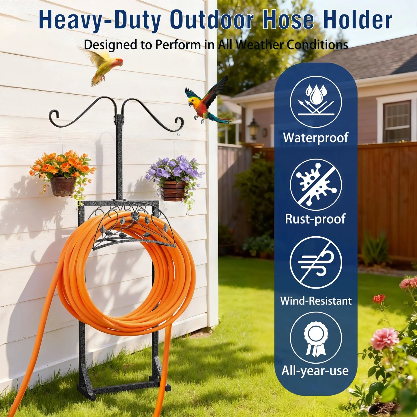 Freestanding Heavy Duty Garden Hose Holder with 4 Spikes & 2 Shepherds Hooks Water Hose Storage Stand for Yard Lawn