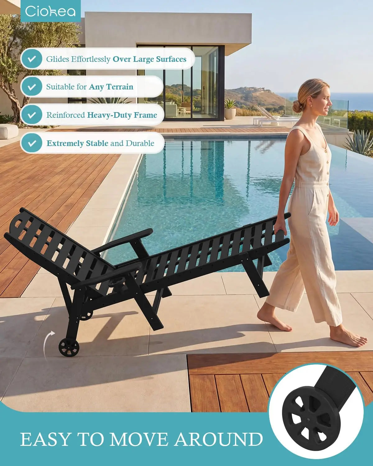Heavy Duty HDPE Chaise Lounge Chairs Outdoor Set of 4, 5-Position Adjustable Patio Sun Loungers with Wheels & Cup, Customized