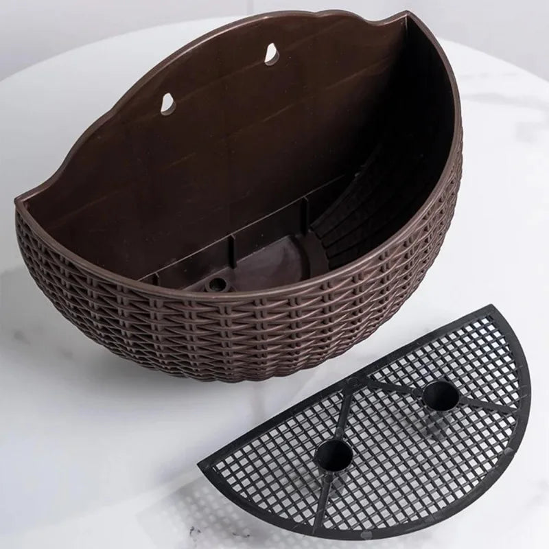European Style Imitation Rattan Wall Hanging Half Round Flowerpot Planter Semicircular Wall Flower Pot Balcony Household Outdoor