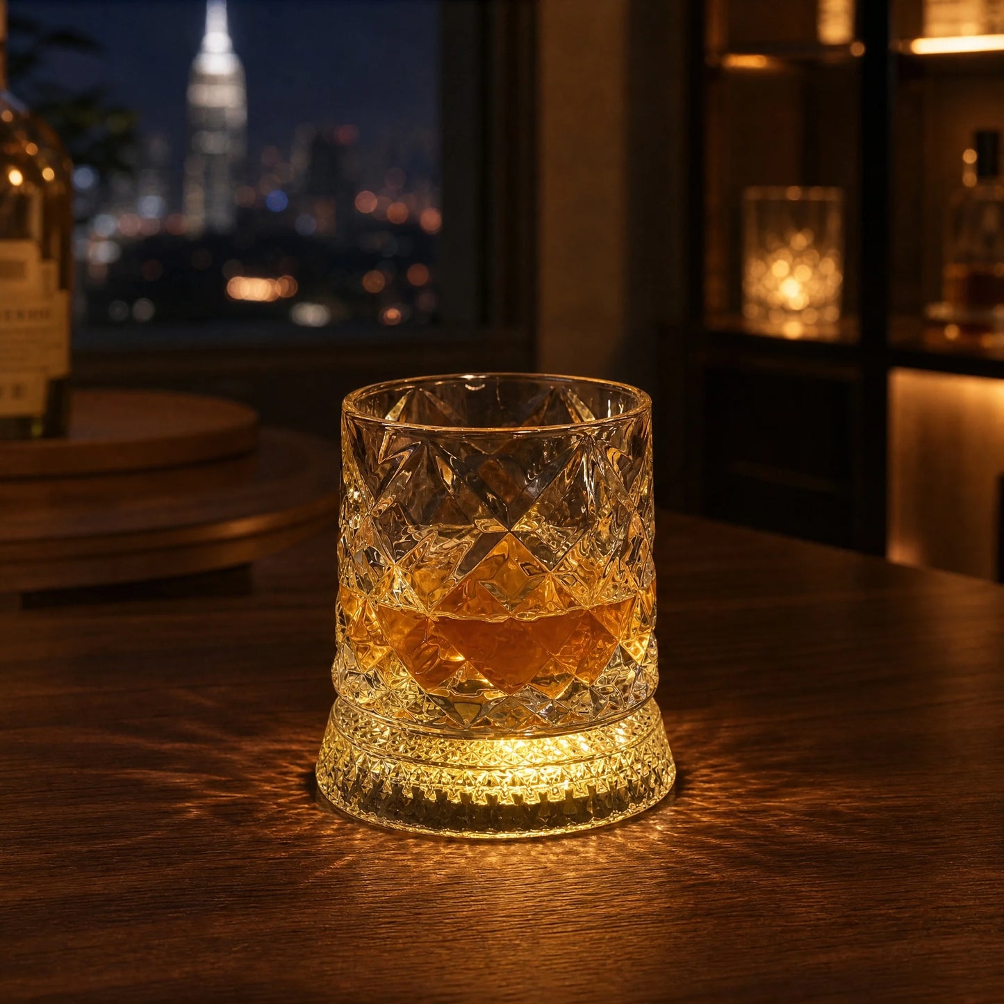 Rotating Whiskey Glass With LED Light Up Coaster Set