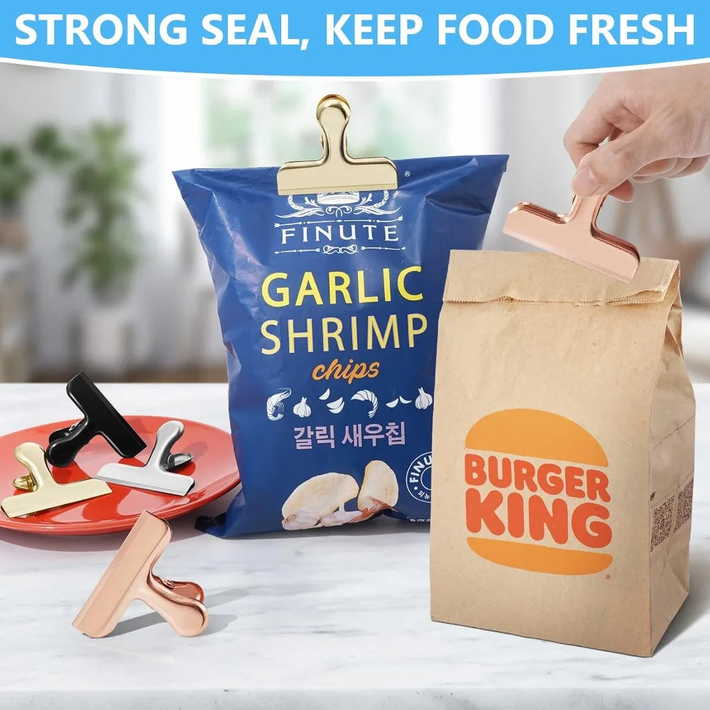 Heavy Duty Stainly Steel Chip Bag Clips 8 Pack Strong Food Bag Sealer Clamps for Kitchen Pantry Storage Keep Food Fresh Seal Coffee Snack Pet Food Bags Lock Tight Closure for Chips Cookies Nuts Candy Pasta Office and