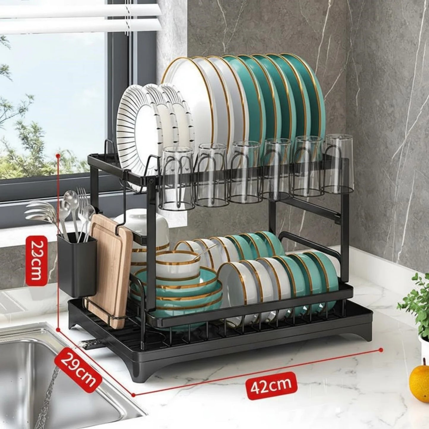 2-Tier Dish Drying Rack with Drainage Tray, Large Capacity Metal Dish Rack with Cup Holder, Utensil Cutter Holder & Knife Slots, Multi-Functional Kitchen Countertop Dish Organizer for Plates Bowls Glasses