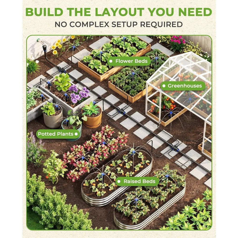 100FT Drip Irrigation Kit with Timer, Quick-Connect Garden Watering System, 24 Adjustable Drippers for Raised Beds, Lawn & Greenhouse