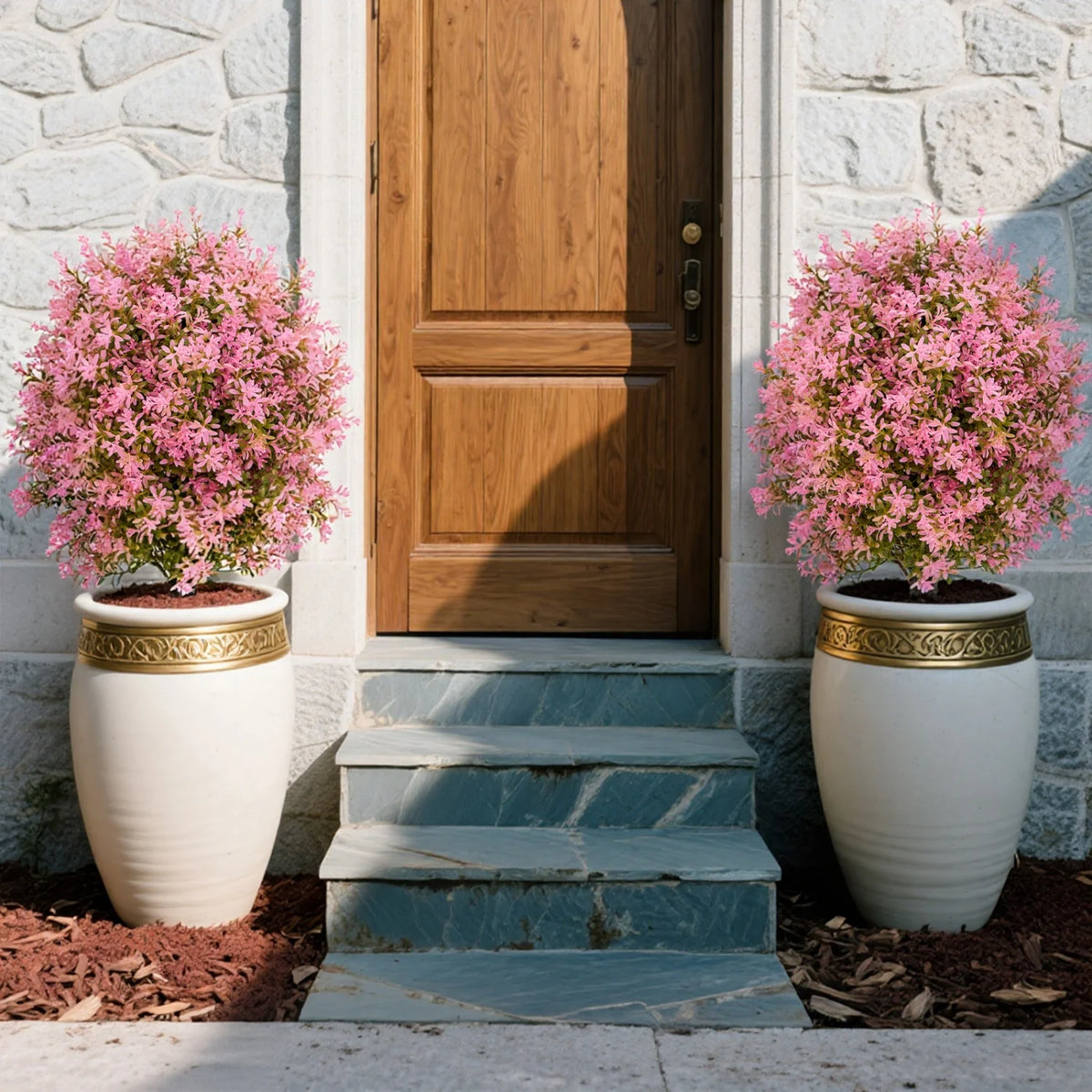 2 Pack Artificial Boxwood Topiary Ball Bush with Ground Spike, Faux Greenery Shrubs, Fake Boxwood Plants for Garden Porch