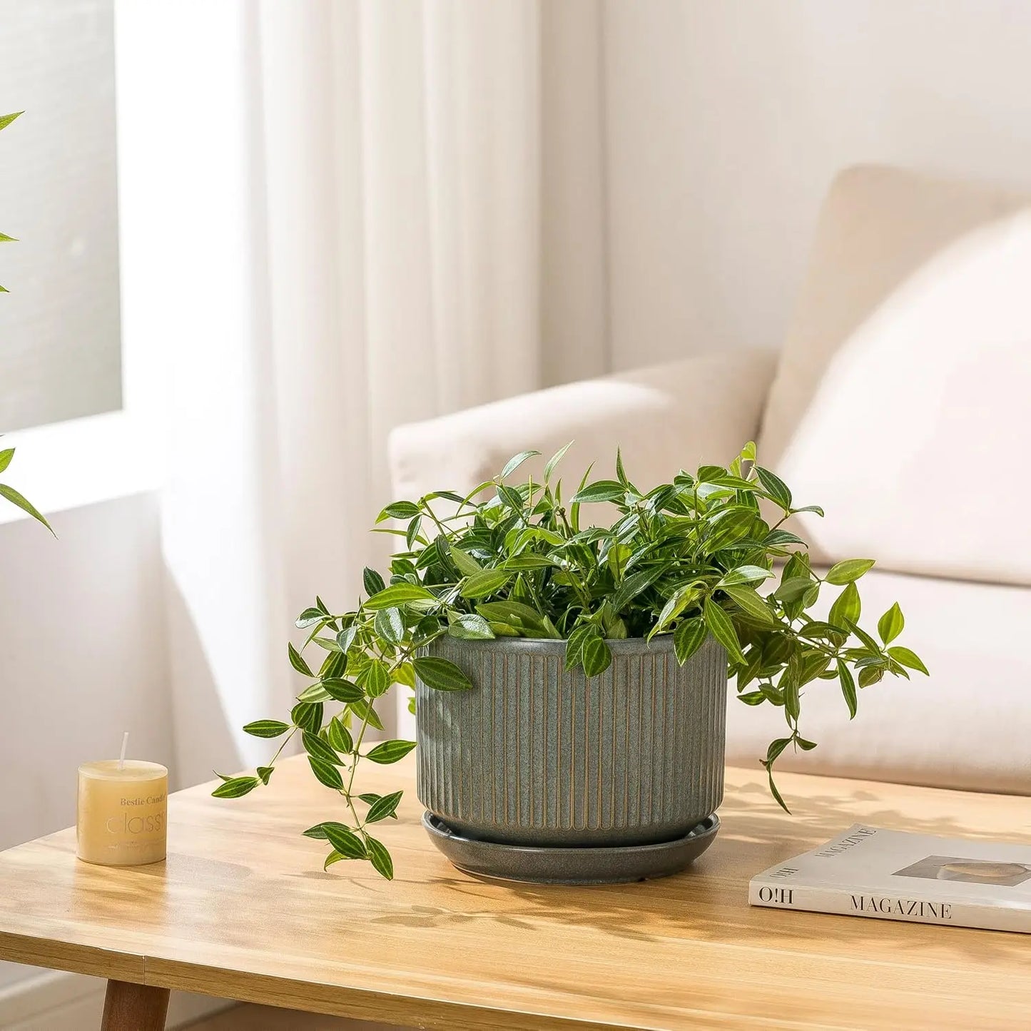 SURE YUESI Ceramic Plant Pots Set of 3, Indoor Outdoor Planters with Drainage Hole and Saucer, Ceramic Flower Pots for Indoor Plants, 4.3+5.5+6.8 Inch, Home, Garden, Patio and Office, Matte Green