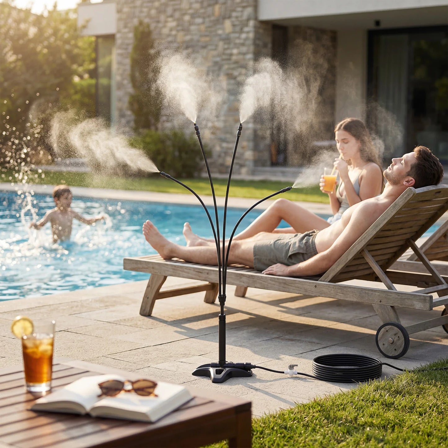 Durable ABS Misting Cooling System for Patio & Garden – 10M Inlet Hose with Connectors – Freestanding Outdoor Mister, Black, Efficient Backyard, Lawn & BBQ Cooling