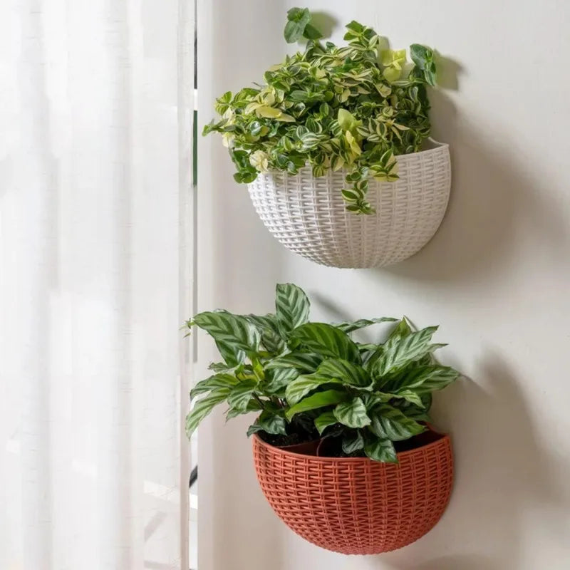 European Style Imitation Rattan Wall Hanging Half Round Flowerpot Planter Semicircular Wall Flower Pot Balcony Household Outdoor