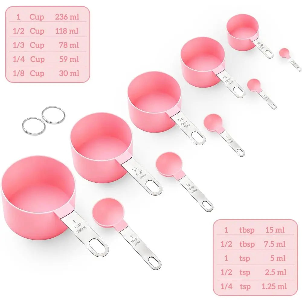 Measuring Cups and Spoons Set, 10 Pieces Stackable Measure Tools with Stainless Steel Handles, Kitchen Gadgets or Cooking (Pink)