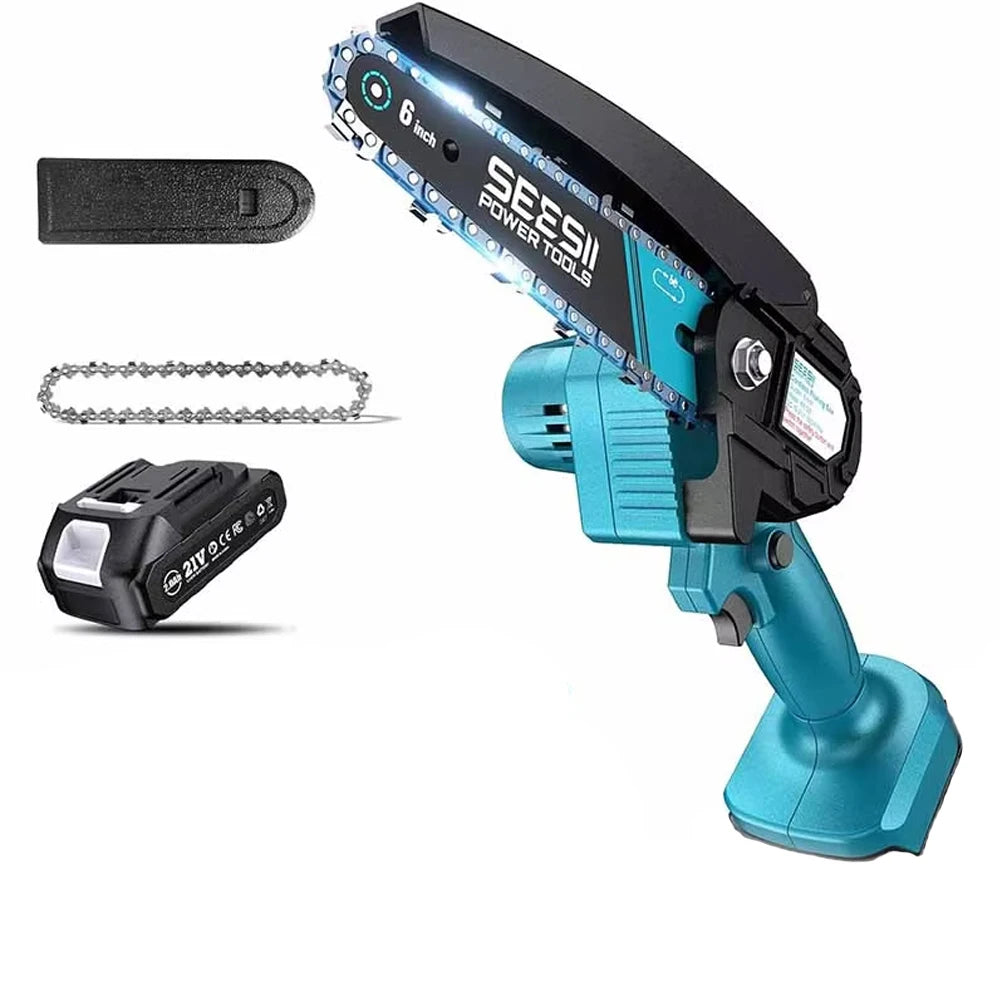 SEESII 6'' Cordless Mini Chainsaw 4500W Portable Chain Saw Garden Woodworking Tree Trimming Wood Cutting Power Tools For Makita 18V Battery Pin