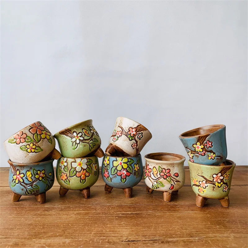 Retro Ceramic Flower Pot Hand Painted Planter For Desk Decor