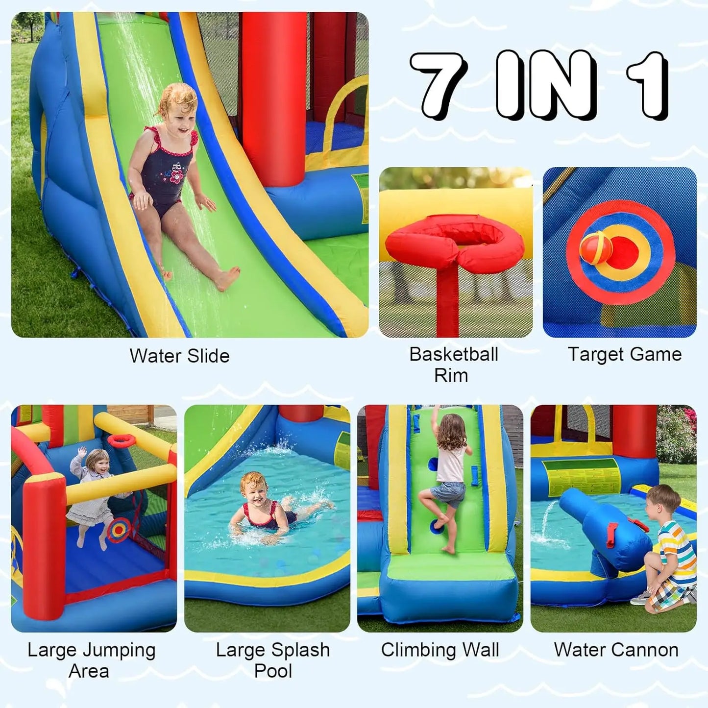 7-In-1 Inflatable Water Slide and Bouncy Water Park Outdoor Backyard