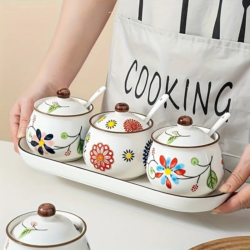 Japanese Ceramic Seasoning Bottles Set With Lids And Spoons