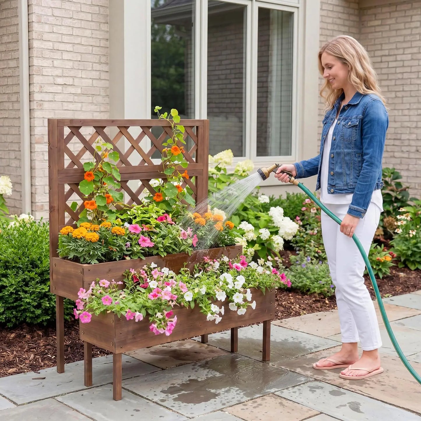HiMISS Outdoor Wooden Raised Garden Bed With Trellis