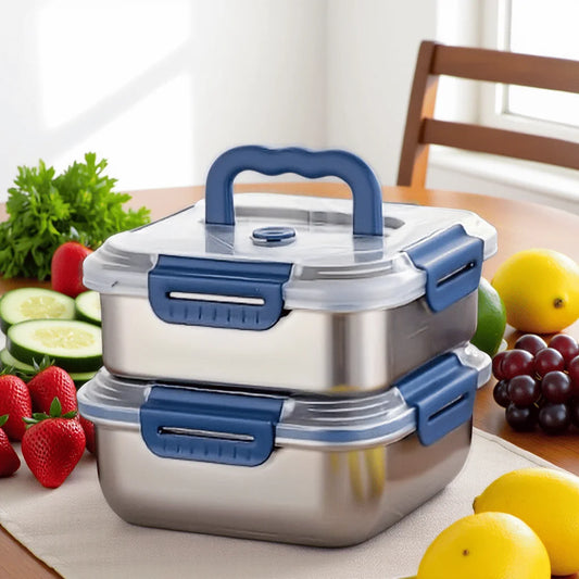 2PCS Yakimoto Extra-Large Stainless Steel Food Storage Containers With Blue Lids - Deep Design, Airtight Seal, Perfect For Refrigerator Organization, Meal Prep, Lunch Boxes & Kitchen Pantry