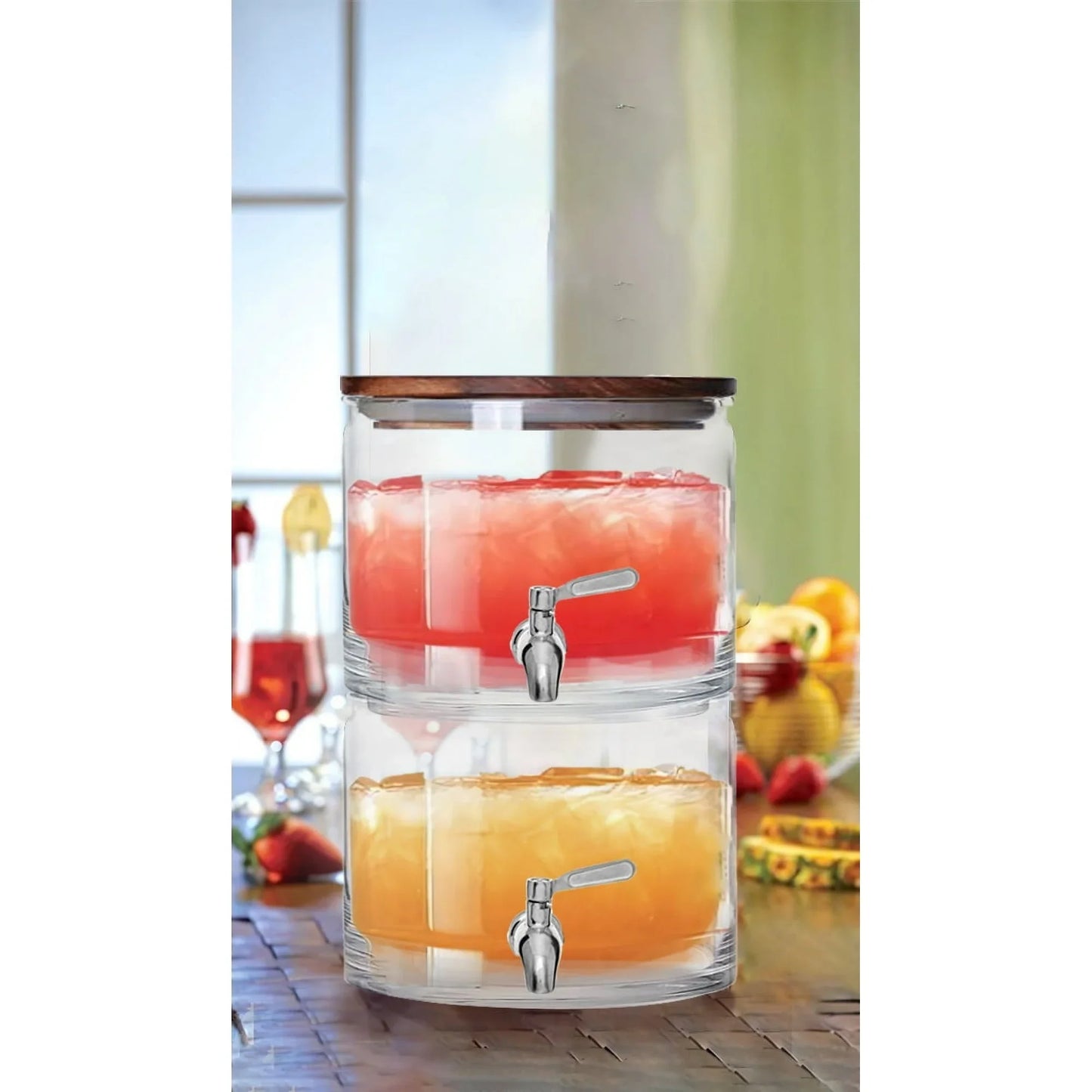 Stacking Glass Beverage Dispenser Acacia Wood Lid Easy Pour Spigot