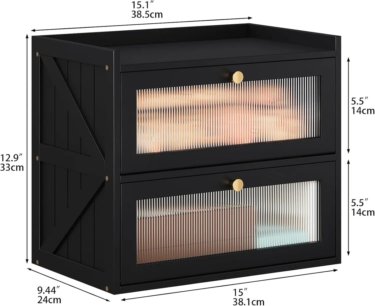 Trironsun Farmhouse Double Layer Black Bread Box with Acrylic Door for Kitchen Counter