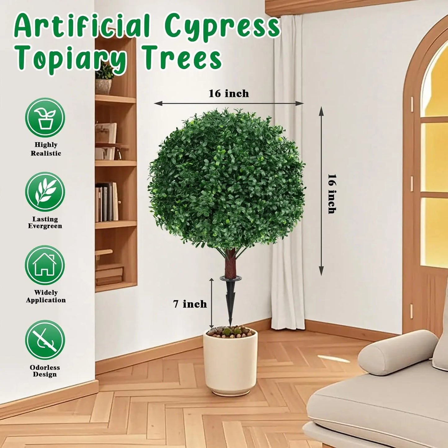 Artificial Boxwood Topiary Ball Tree with Ground Spike, Set of 2 Artificial Shrub Bushes, Fake Evergreen Tree for Porch, Artificial Plants for Outdoor Planters Indoor UV Resistant