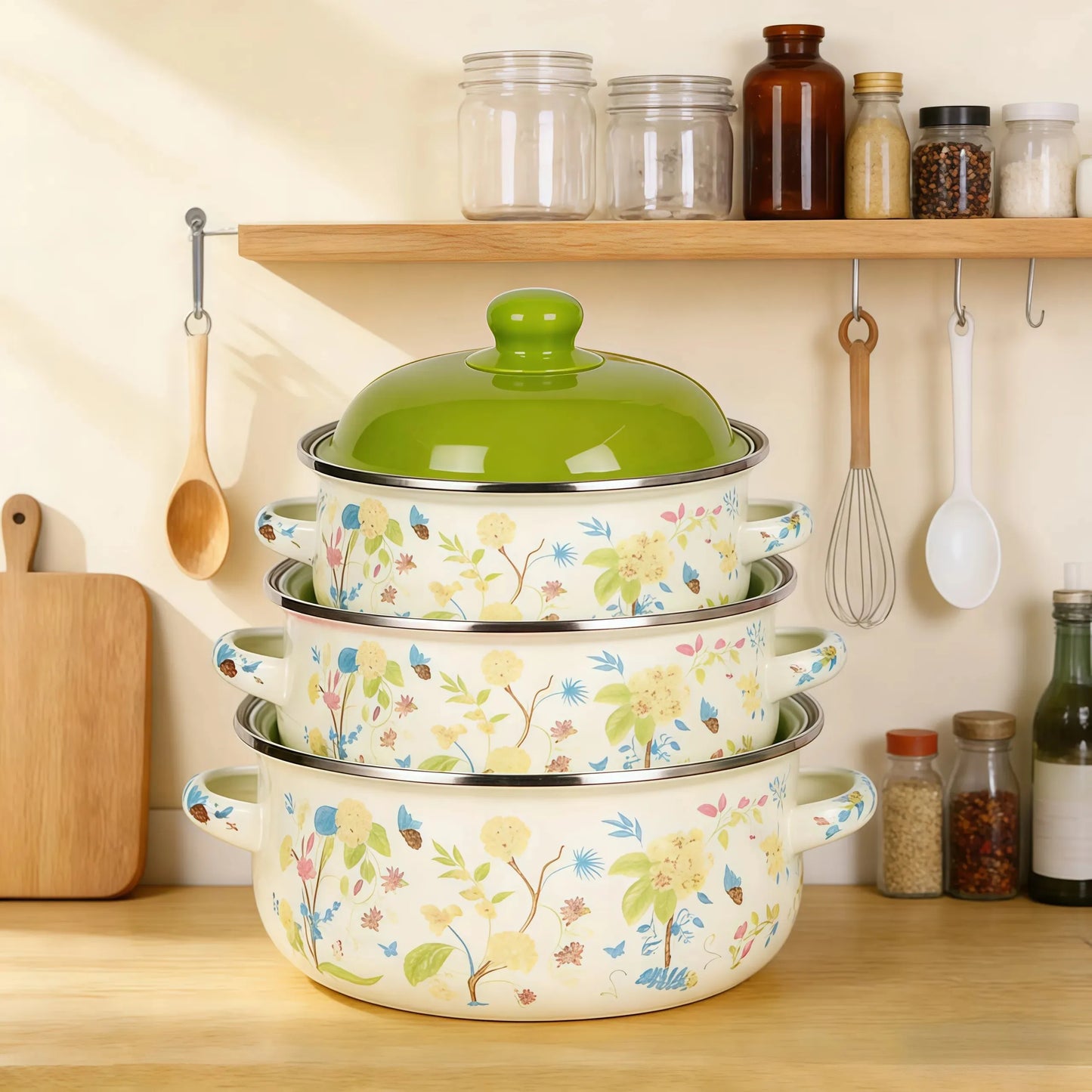 Vintage Enamel Stock Pot Set For Induction And Gas Stoves