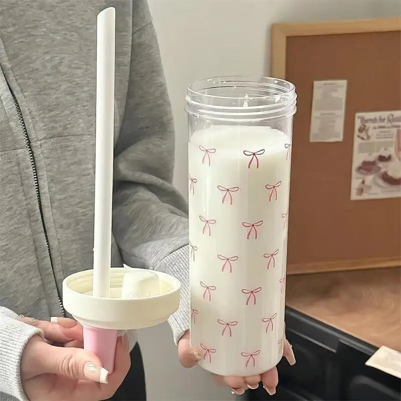 500/700ml Portable Plastic Bowknot Water Cup with Straw,Cute Coffee Pearl Milk Tea Drink Cup,Large Capacity Student Water Bottle