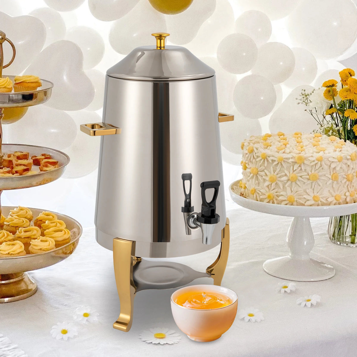 Stainless Steel Hot Beverage Dispenser – Fuel Tray Heating – Electrolytic Polished – Tripod Base – 10.63"x10.63"x22.05" – for Coffee Tea Milk Party Hotel – Silver Gold