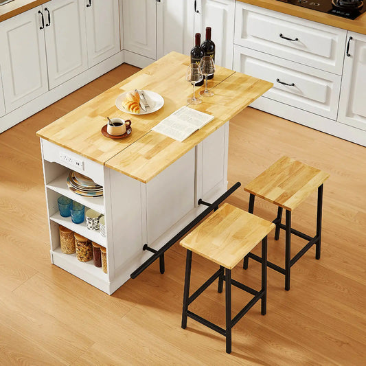 Stationary Kitchen Islands with 2 Chairs, 47" Rolling Kitchen Island with Drop Leaf, Home Bar Table with Spice Rack & Trash Can, Movable Island, Island Table for Dining Room