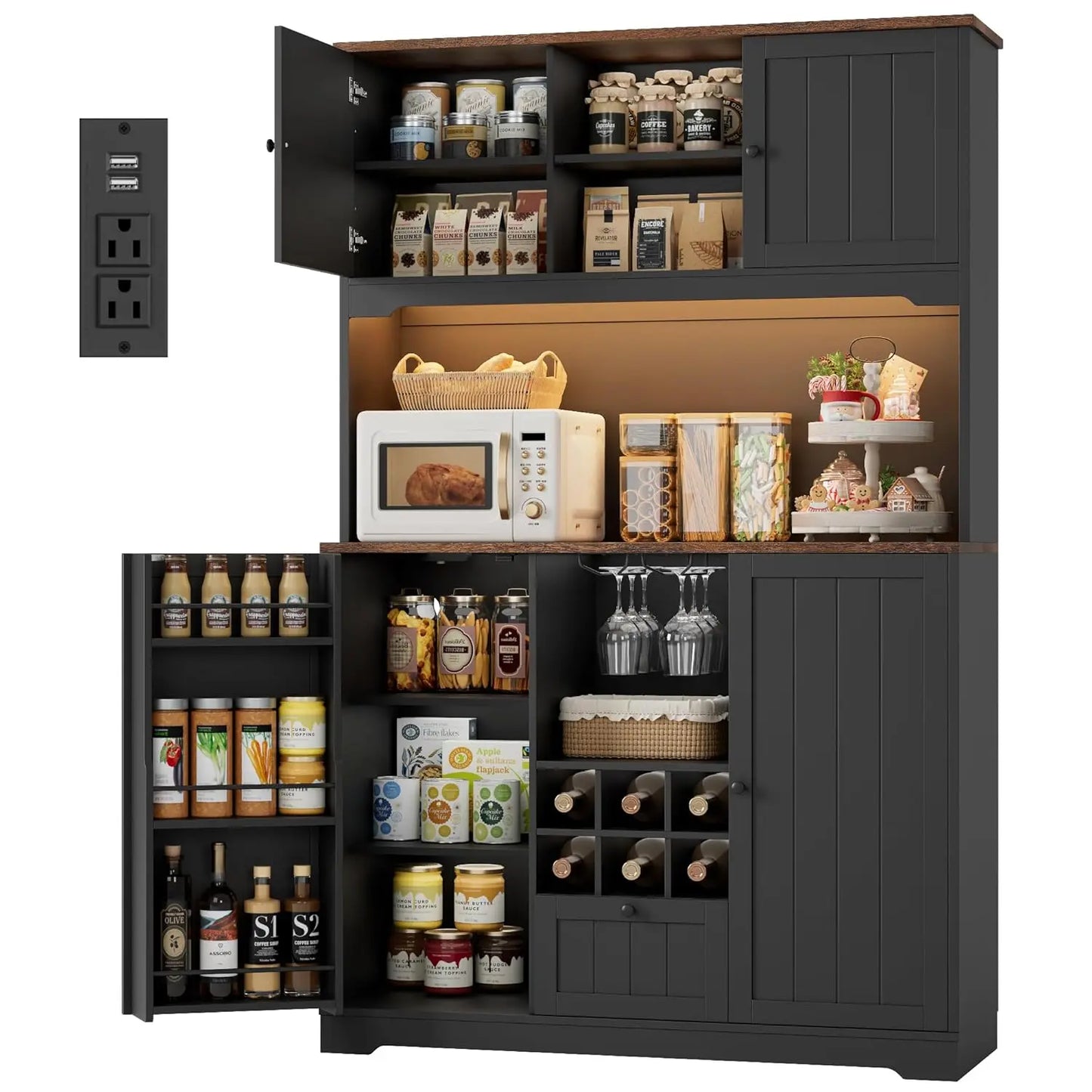 Pantry Cabinet With LED Light And Charging Station