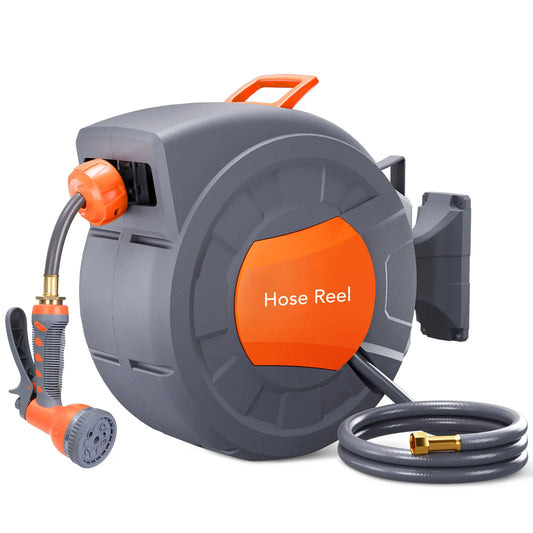 Retractable & Wall-Mounted Garden Hose Reel - 1/2" x 65FT/100FT with 9-Function Sprayer, Auto Rewind, 180° Swivel, Any Length Lock - Durable Garden Irrigation Tool