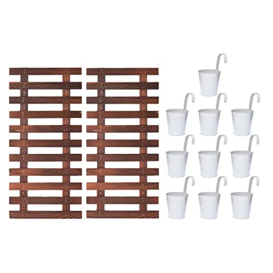 Vertical Hanging Outdoor Planters Bundle: 2 Wooden Plant Holders + 6 White Metal Pot For Fence, Deck, Patio, Or Porch Use