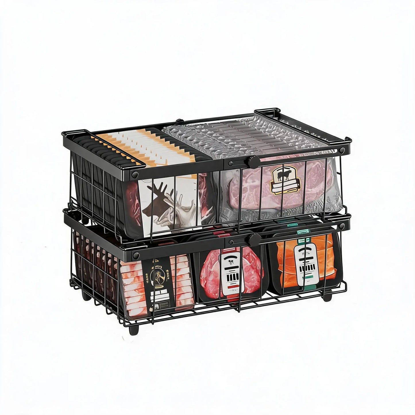 2/4 Pack Expandable Chest Freezer Basket Organiser, Stackable Metal Wire Kitchen Storage Boxes with Fold Down Handles, Pantry Freezer Storage Bins for Bulk Meat & Frozen Food