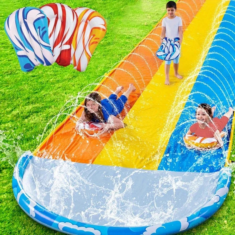 Joyfy 22.5ft Triple Water Slide Heavy Duty Lawn Water Slip and Slides with 3 Body Boards for Kids Adults Backyard Summer Party