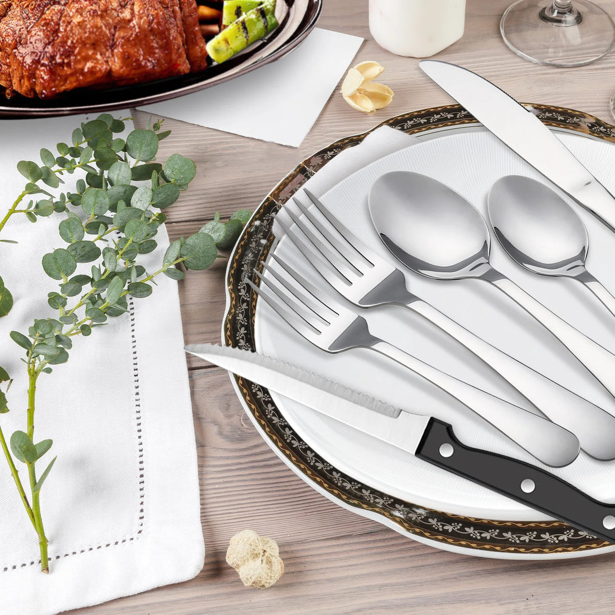KOOMADE 24Pcs Stainless Steel Flatware Set Service for 4 Mirror Polished Cutlery With Steak Knives Forks Spoons Dishwasher Safe for Home Wedding Holiday Gift