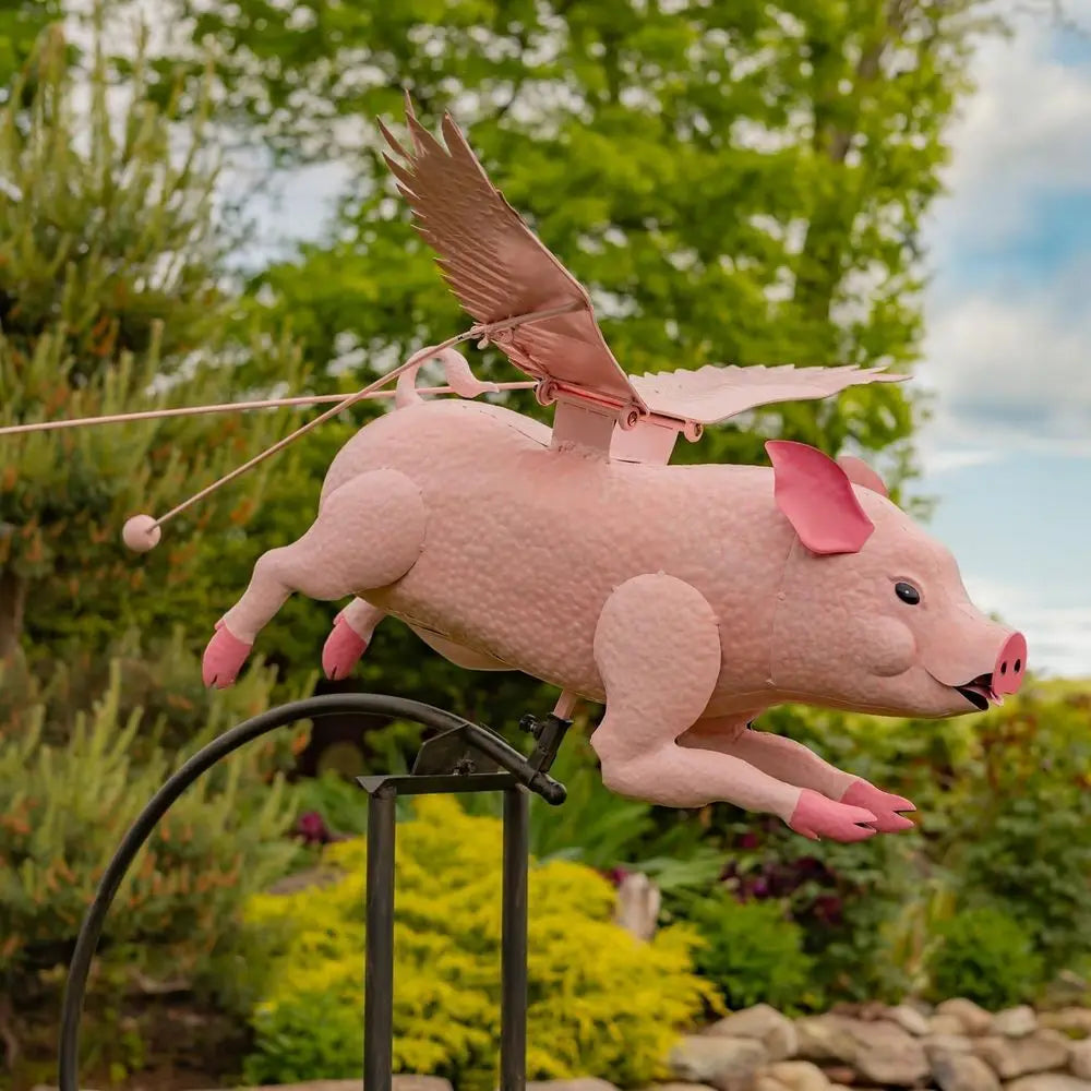 Vintage Pink Porcine Rocking Animal Garden Stake with Flapping Wings