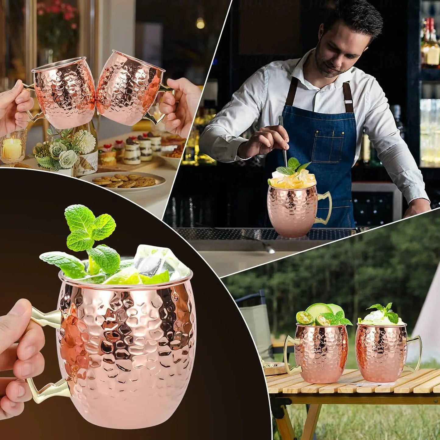 Hammered Copper Moscow Mule Mugs Set Of 4 With Stainless Steel Lining