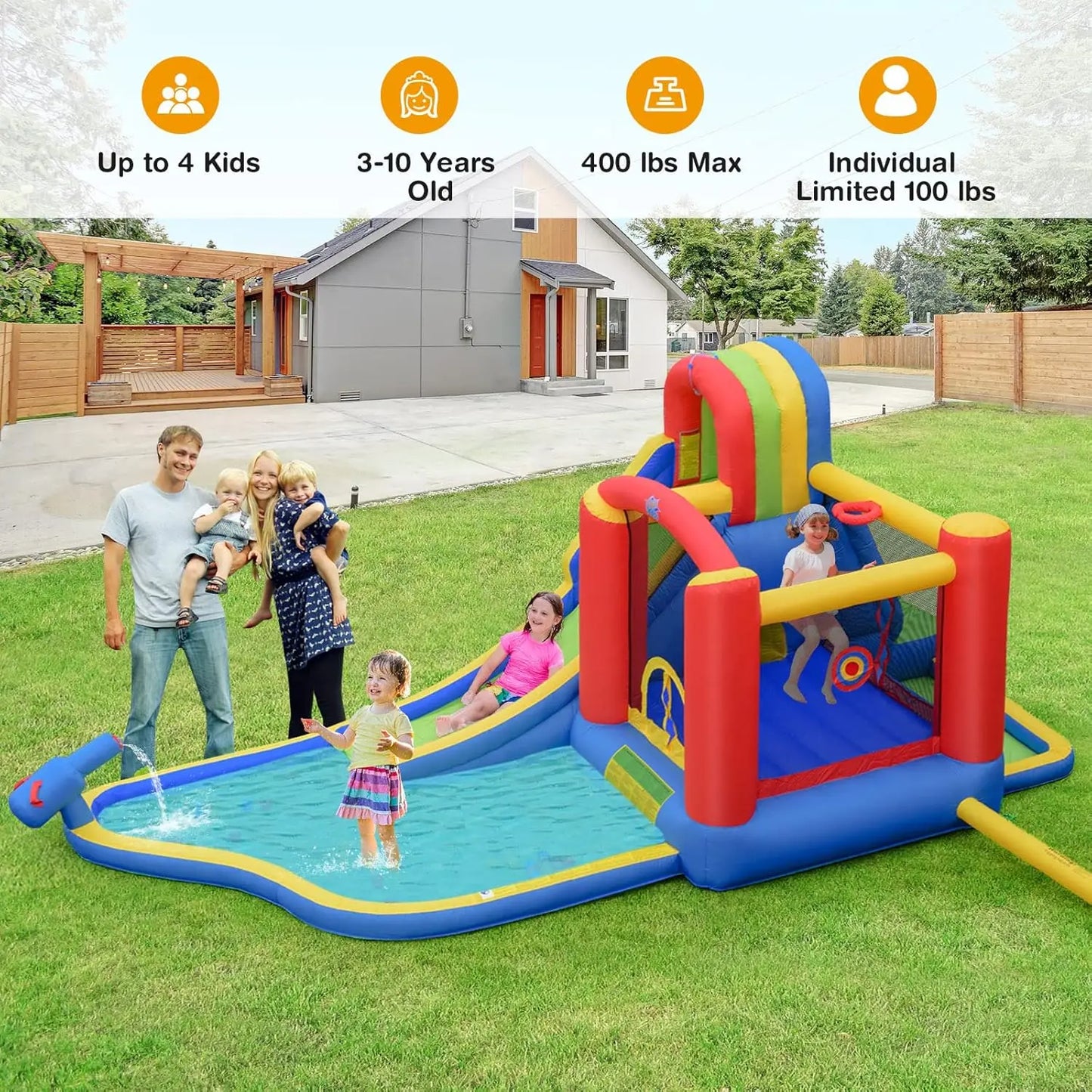 7-In-1 Inflatable Water Slide and Bouncy Water Park Outdoor Backyard