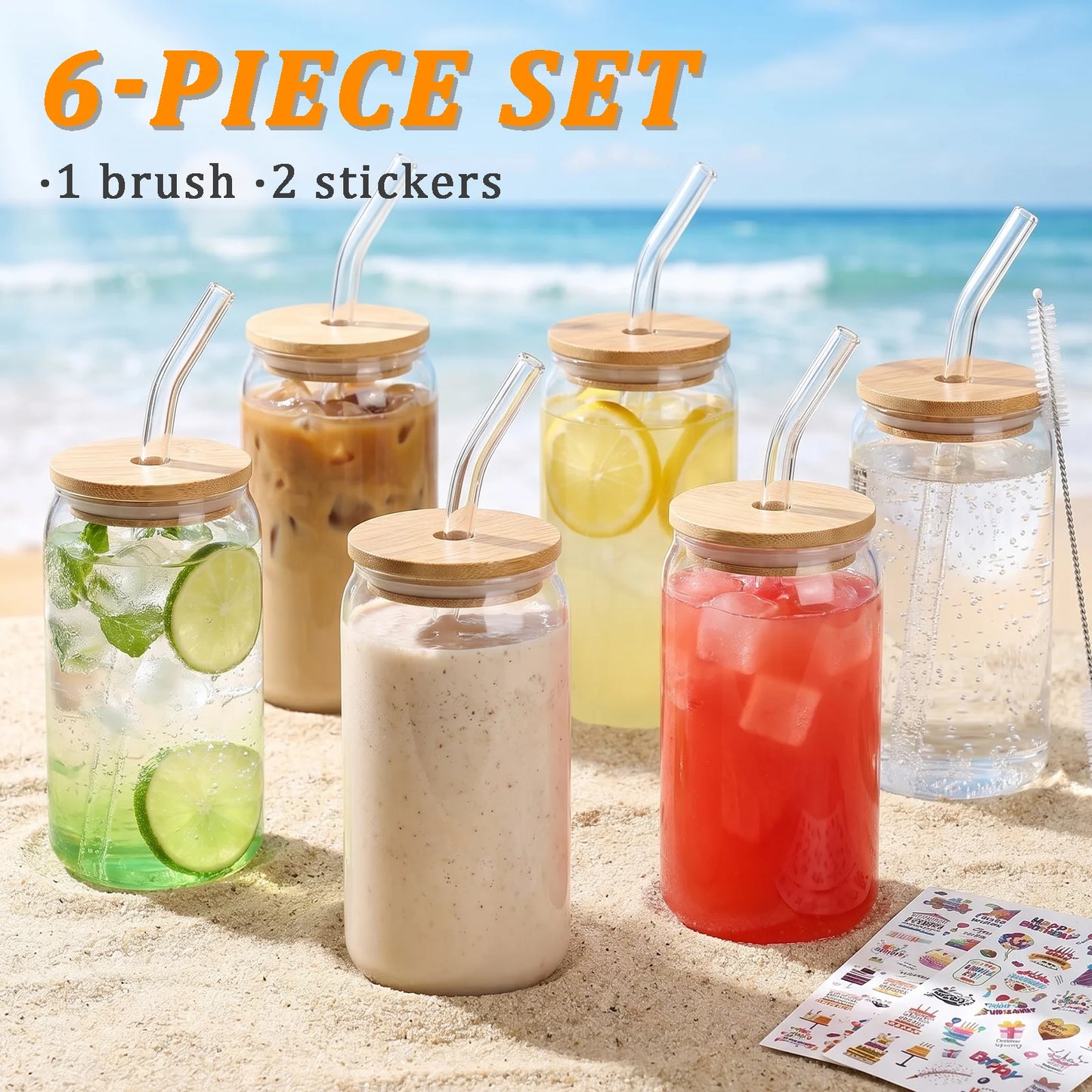 Glass Cups Set With Bamboo Lids Glass Straws And Brushes