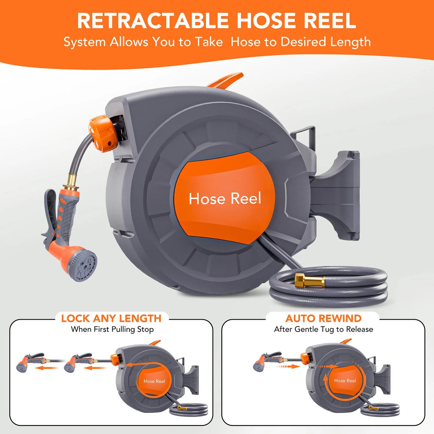Retractable & Wall-Mounted Garden Hose Reel - 1/2" x 65FT/100FT with 9-Function Sprayer, Auto Rewind, 180° Swivel, Any Length Lock - Durable Garden Irrigation Tool