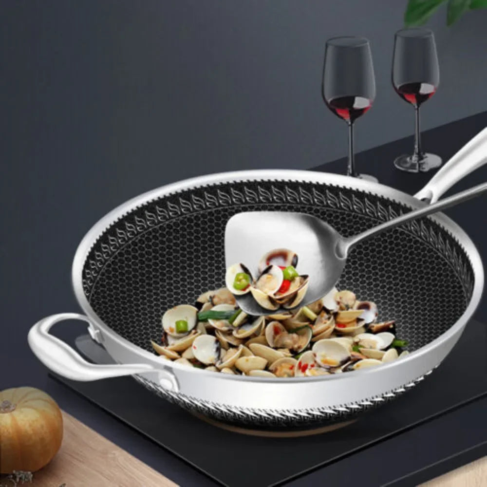 Stainless Steel Wok Pan With Nonstick Coating And Glass Lid