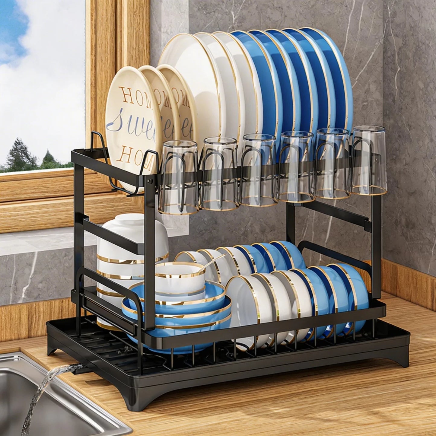 2-Tier Dish Drying Rack with Drainage Tray, Large Capacity Metal Dish Rack with Cup Holder, Utensil Cutter Holder & Knife Slots, Multi-Functional Kitchen Countertop Dish Organizer for Plates Bowls Glasses