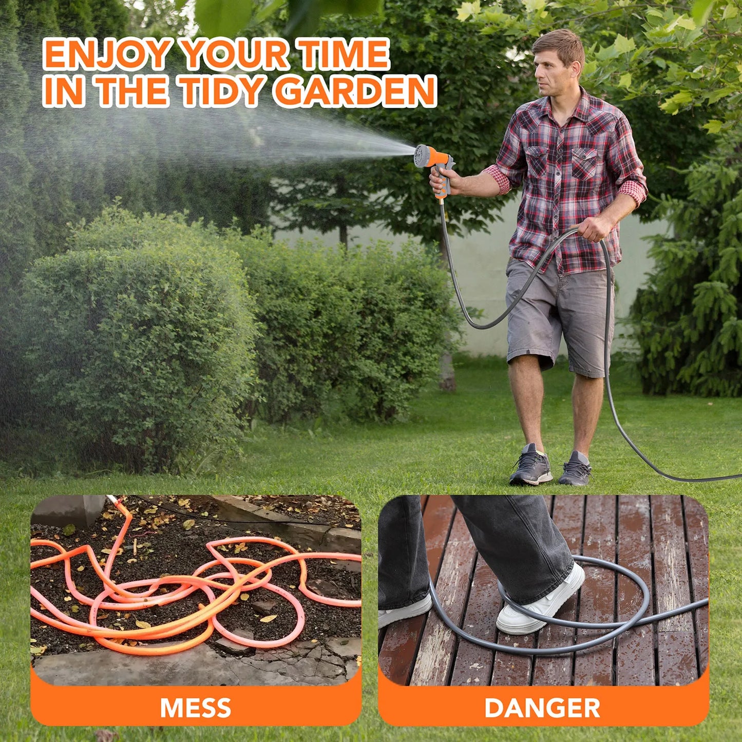 Retractable & Wall-Mounted Garden Hose Reel - 1/2" x 65FT/100FT with 9-Function Sprayer, Auto Rewind, 180° Swivel, Any Length Lock - Durable Garden Irrigation Tool