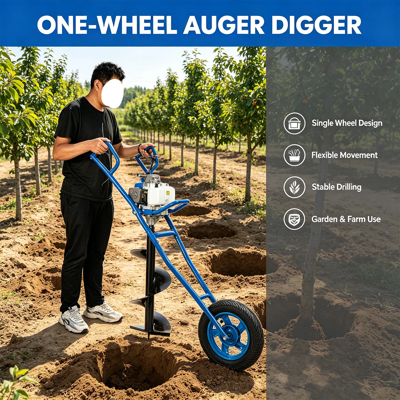 63CC 2.2kW Gas Powered Earth Auger 8800RPM with Single Wheel Cart Post Hole Digger with 11.81" Drill Bit for Farm Garden Orchard Construction Planting Fence Digging