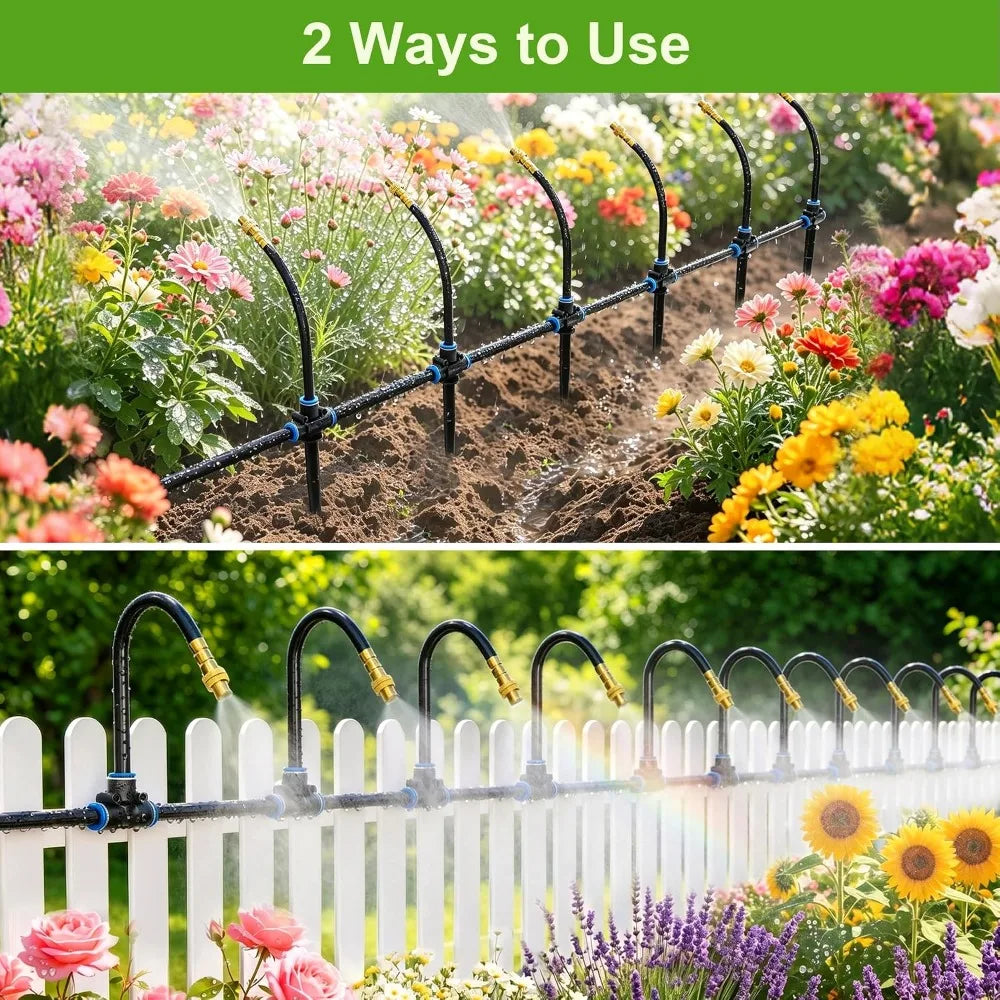 200Ft 360° Adjustable Irrigation System With Stake Holders, 1/4" Tubing, 32 Nozzles, Automatic Watering Misting Sprinkler For Garden, Raised Bed, Lawn, Plants