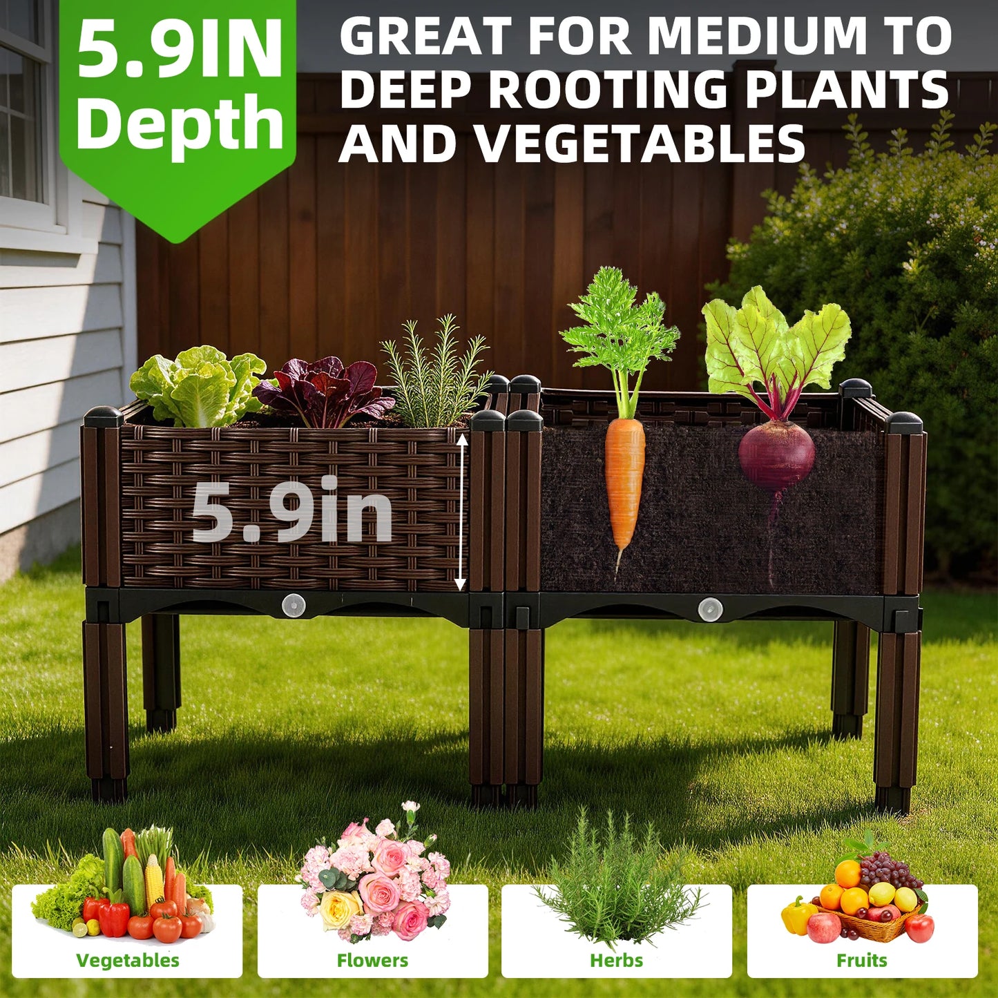 Elevated Raised Garden Bed with Legs 120x70x40 cm Large Divider Planter Box 6 Grid PP Material Outdoor Flower Pot with Drainage Holes Pest Resistant Back Friendly for Garden Patio Balcony Deck Backyard