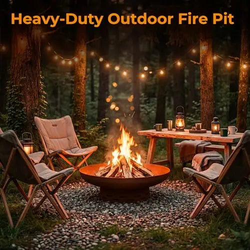 27.5 Inch Round Outdoor Wood Burning Fire Pit Heavy Duty Steel Oxidized Finish Free Standing