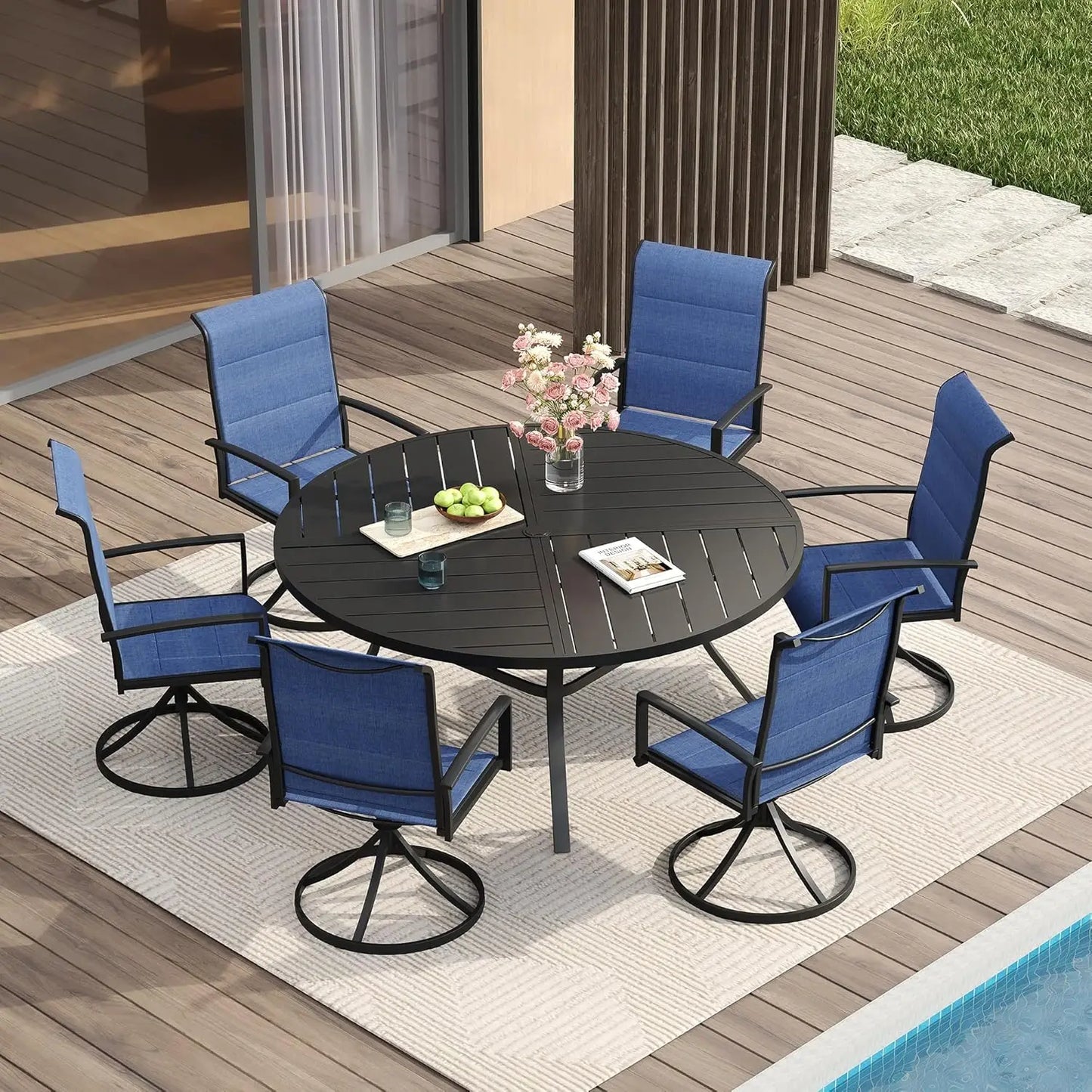 Patio Dining Set for Six With Round Table and Chairs