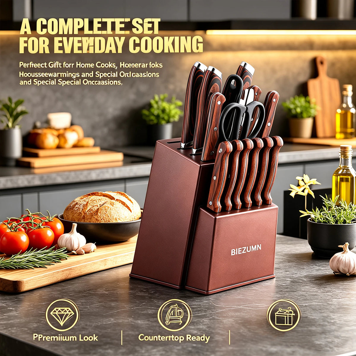 6/15Pcs Hammer Forged Kitchen Knife Set Pakka Wooden Handle Sharp Chef Knives Collection with Storage Block Scissors for Home Kitchen Cooking