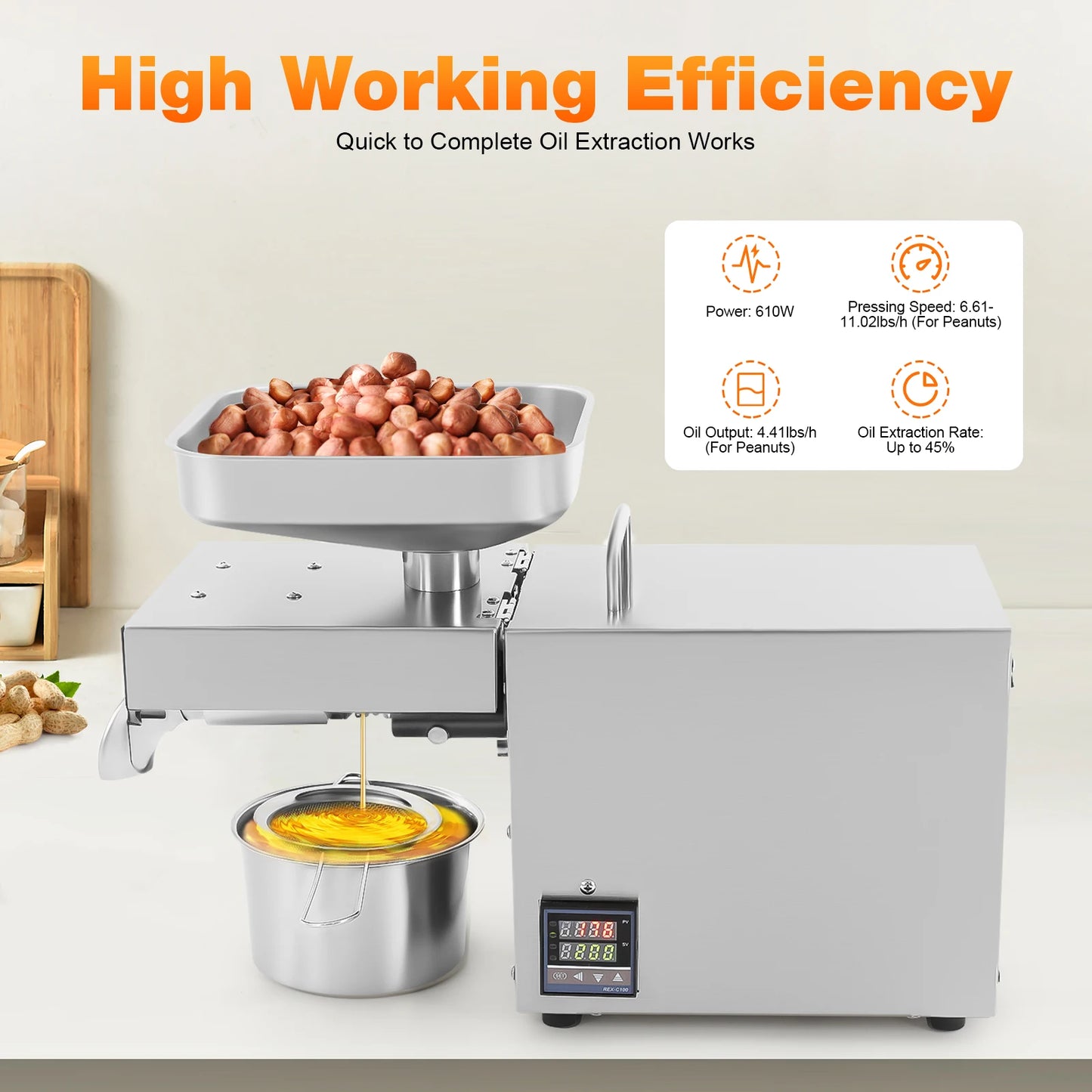 610W Electric Oil Press Machine 304 Stainless Steel Cold/Hot Press Brushless Motor Temp Control for Nuts Seeds Olive 110V/220V