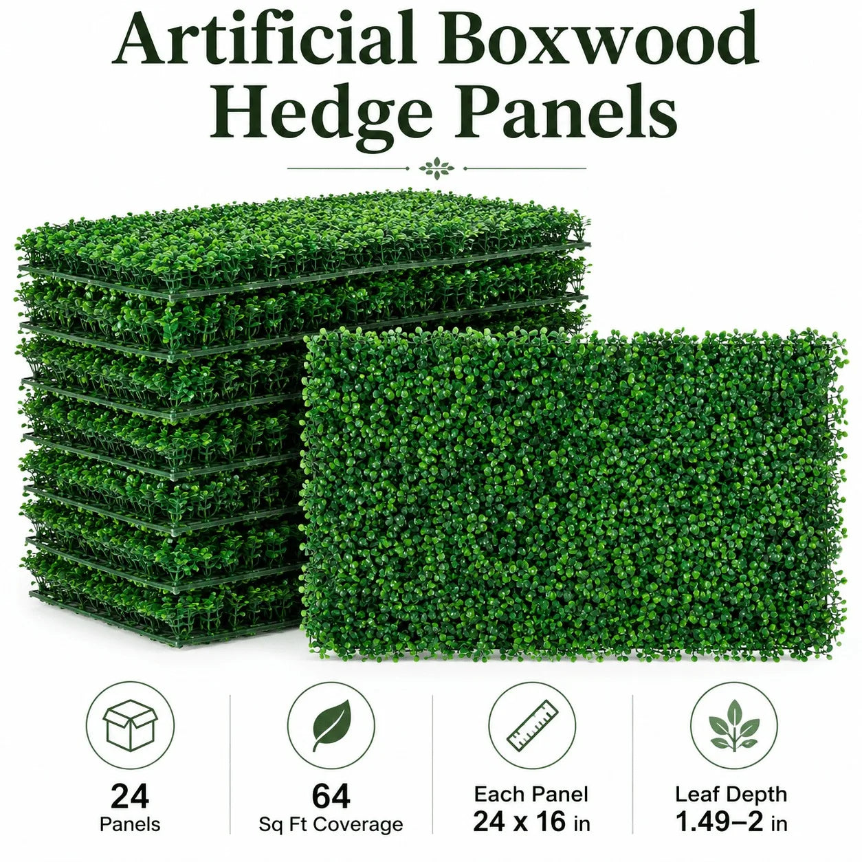 12/24 Pack 24x16 Inch Boxwood Hedge Panels, 32/64 Sq Ft, 1.6" UV Resistant Artificial Plant Wall, Privacy Screen for Garden & Backyard