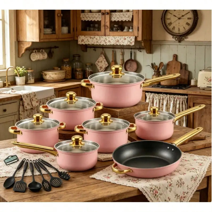 Stainless Steel Cookware Set Cute Nordic Nonstick Cookware Set Pink Stainless Steel With Gold Handles 18 Pcs Set Nonstick Coating For Gas Electric Induction Stove Home Kitchen Cooking