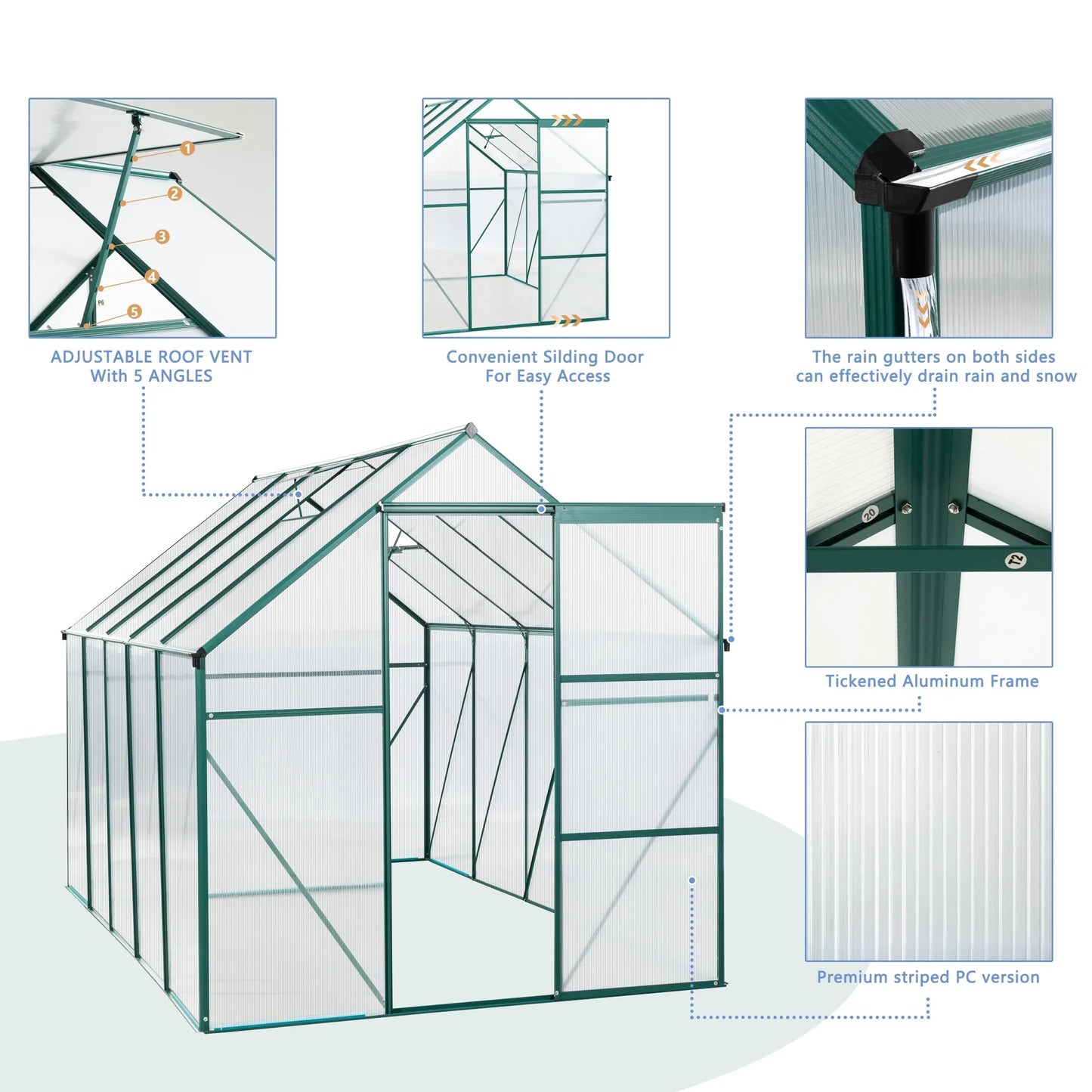 Polycarbonate Greenhouse Heavy Duty Walk-In Aluminum Frame