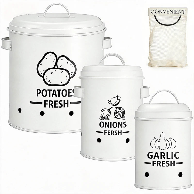 Metal Potato Onion & Garlic Storage Containers with Lids & Air Holes – Stackable 3 Sizes Space-Saving for Kitchen Counter Black